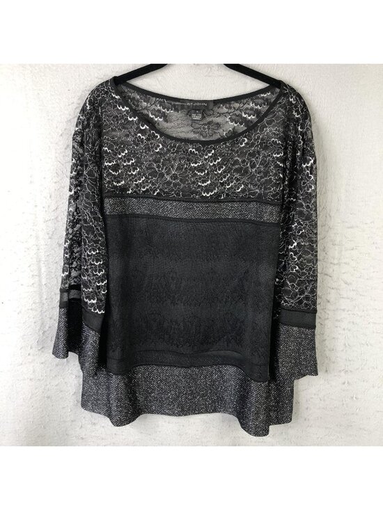 St. John Tops - St. John Tunic Blouse Womens XL Black Lace Metallic Floral Bell Sleeve Party